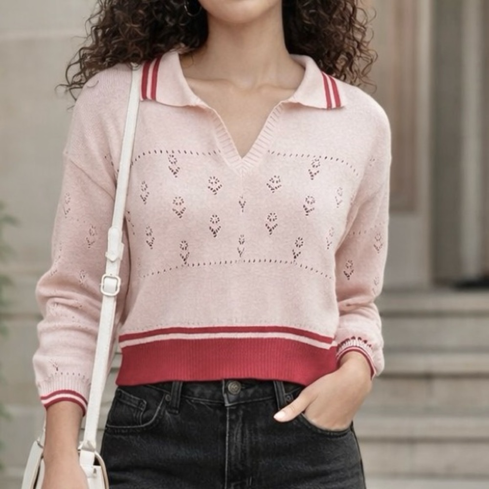NWT Pointelle Polo Sweater Pink Hero Eyelet Cutout Sz XS $45